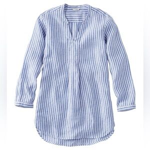 LL BEAN Women's 100% Linen Blue Striped Split-neck Long Sleeve Popover Tunic M